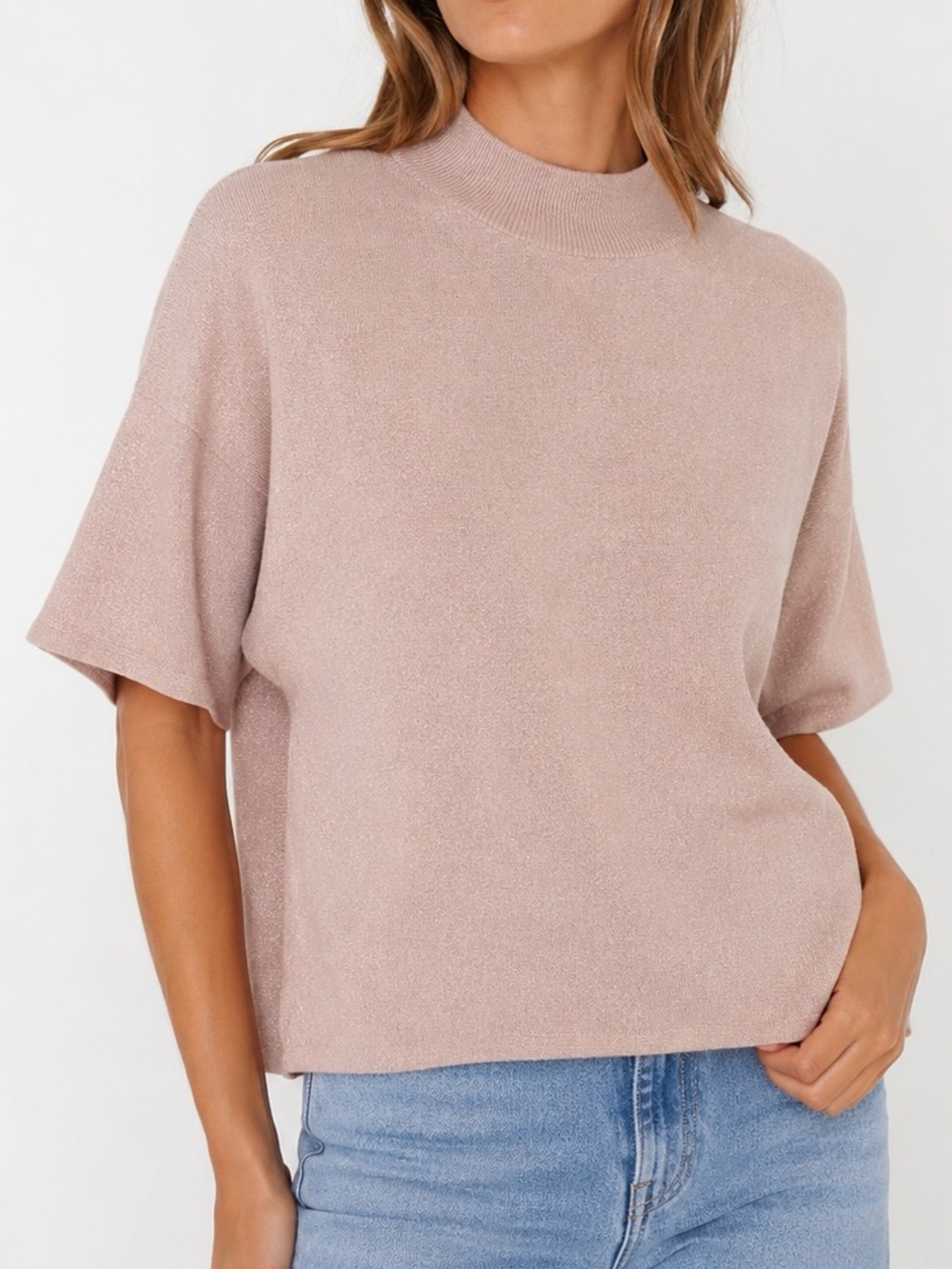 Chico's Shimmer Short Sleeve Pullover Sweater Size 2 Quiet Luxury Pink NWT